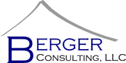 A blue and white logo for berger consulting